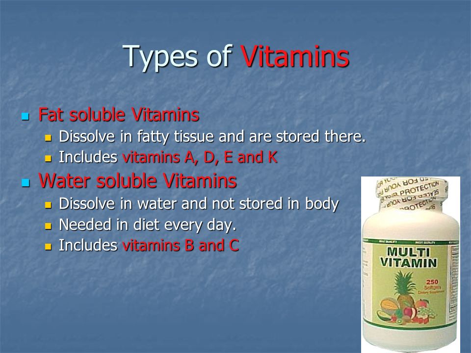 Types of Vitamins Water soluble Vitamins Fat soluble Vitamins