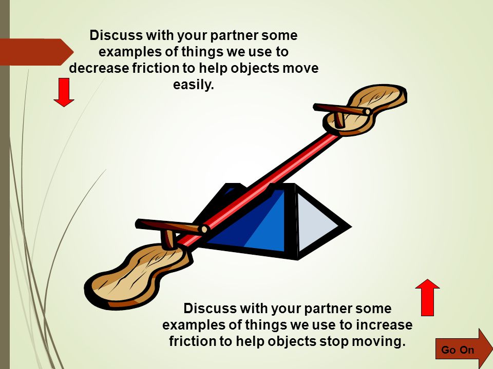 Discuss with your partner some examples of things we use to decrease friction to help objects move easily.