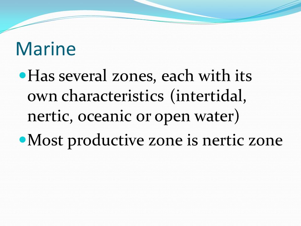 Marine Has several zones, each with its own characteristics (intertidal, nertic, oceanic or open water)