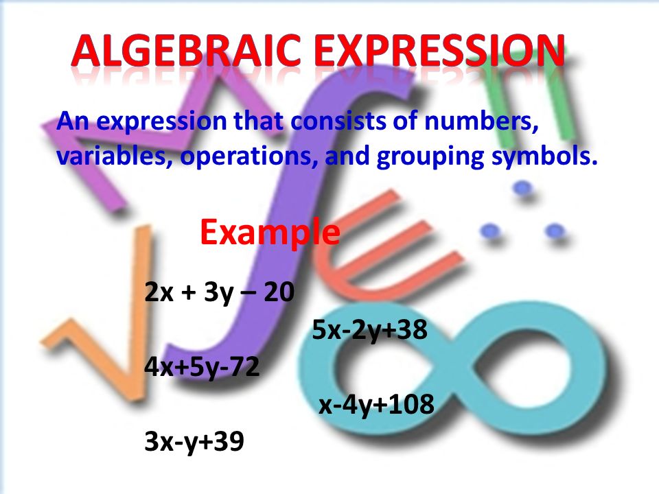 Algebraic expression Example 2x + 3y – 20 5x-2y+38 4x+5y-72 x-4y+108