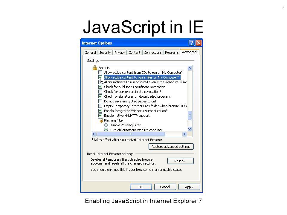Enabling JavaScript in Internet Explorer 7