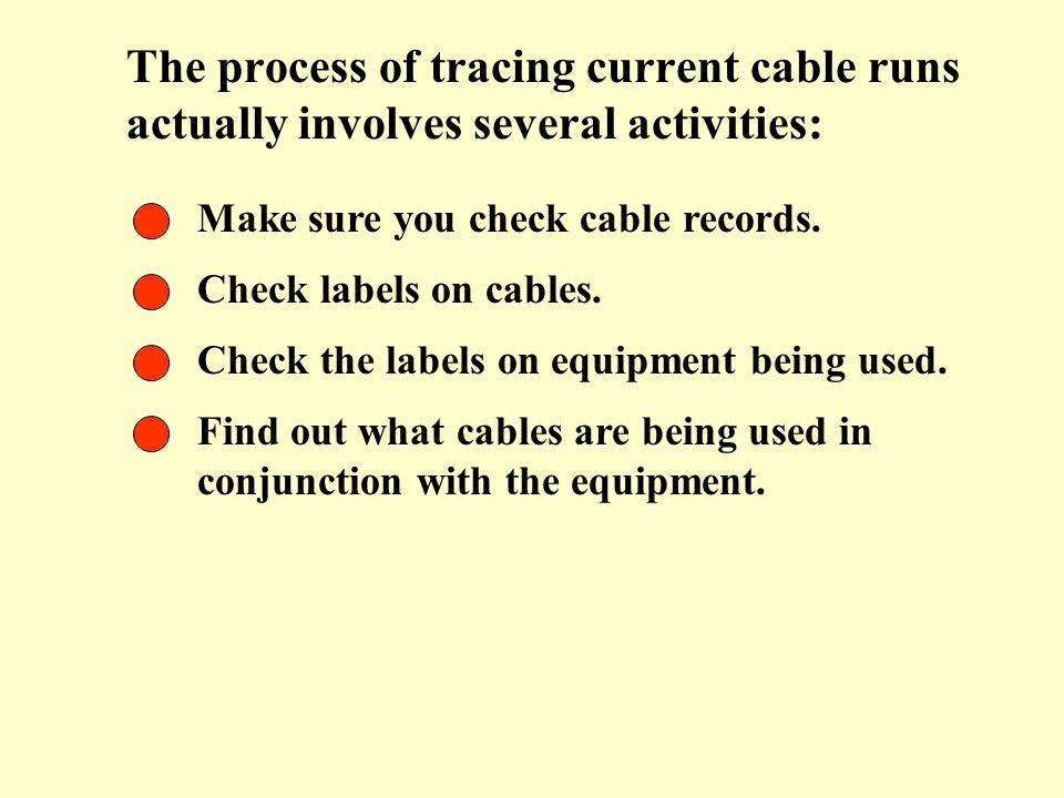 The process of tracing current cable runs actually involves several activities: