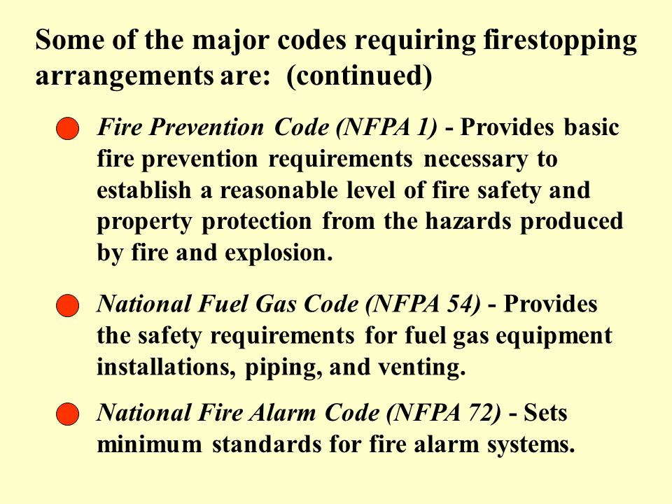 Some of the major codes requiring firestopping arrangements are: (continued)