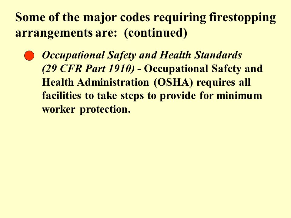 Some of the major codes requiring firestopping arrangements are: (continued)