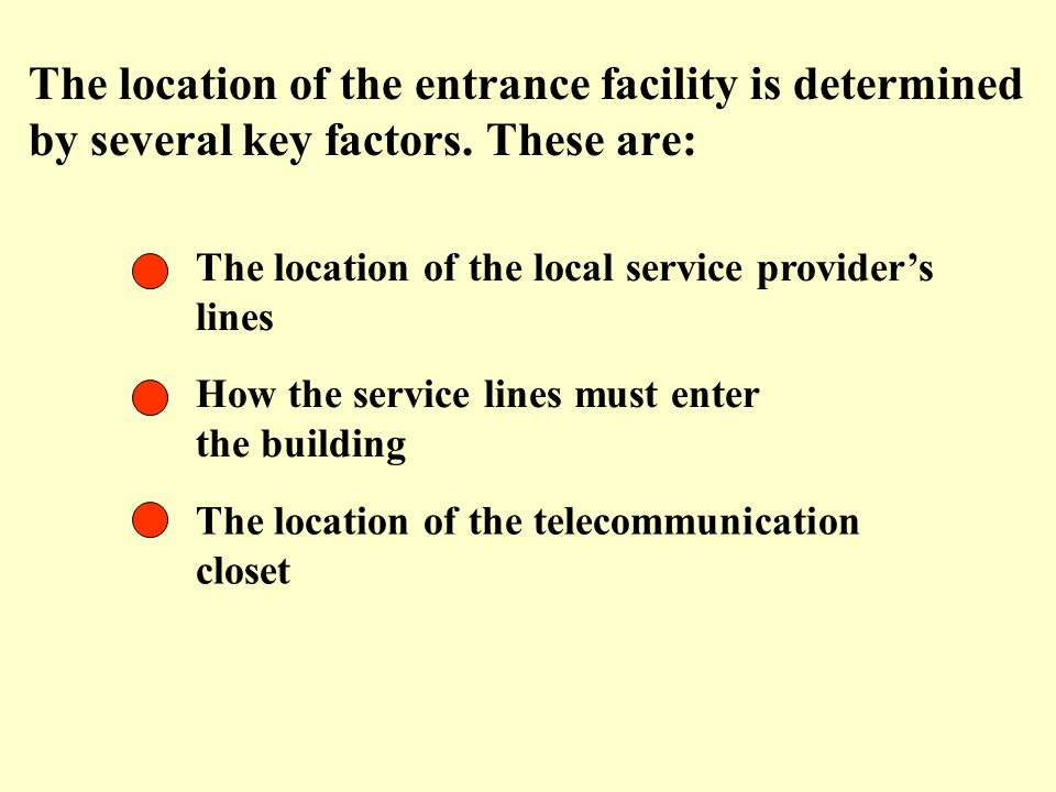 The location of the entrance facility is determined by several key factors. These are: