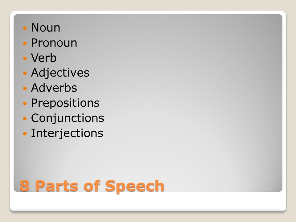 8 Parts of Speech Noun Pronoun Verb Adjectives Adverbs Prepositions