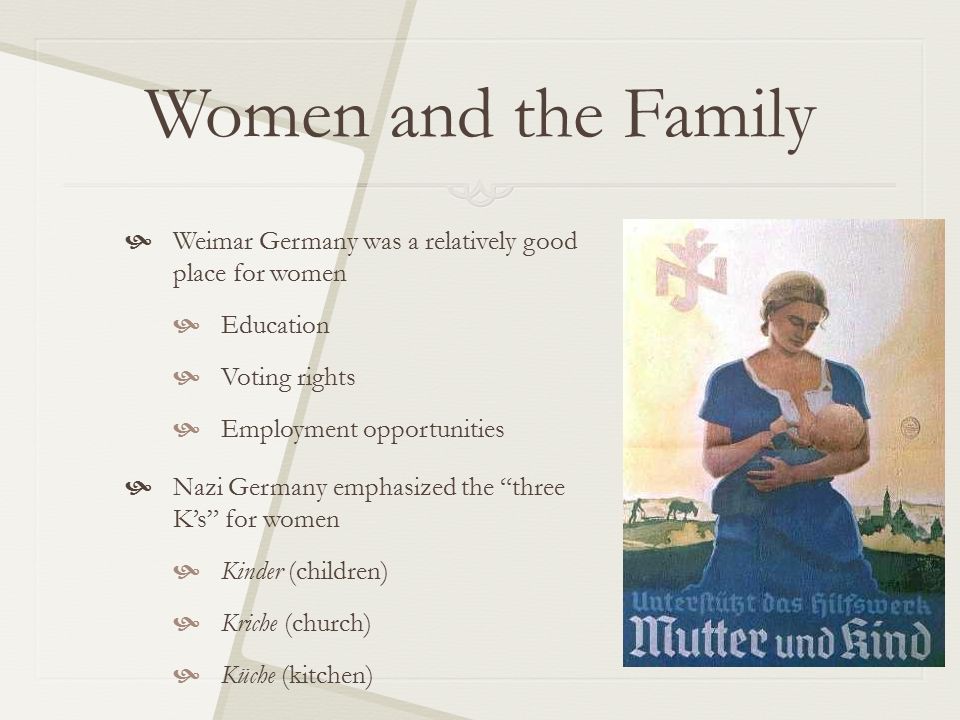Women and the Family Weimar Germany was a relatively good place for women. Education. Voting rights.