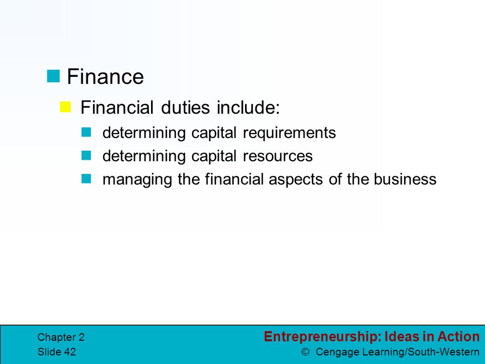 Finance Financial duties include: determining capital requirements
