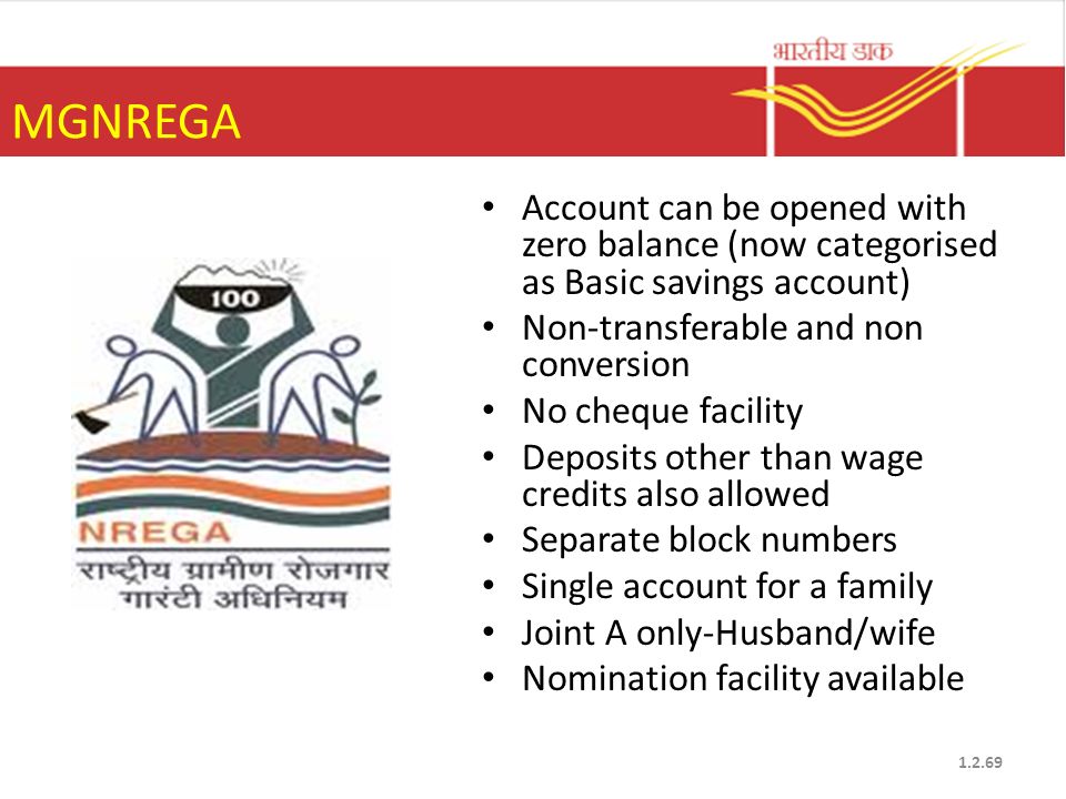 MGNREGA Account can be opened with zero balance (now categorised as Basic savings account) Non-transferable and non conversion.