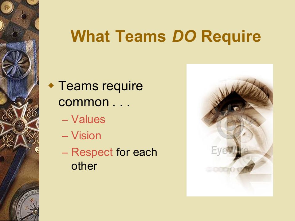 What Teams DO Require Teams require common Values Vision