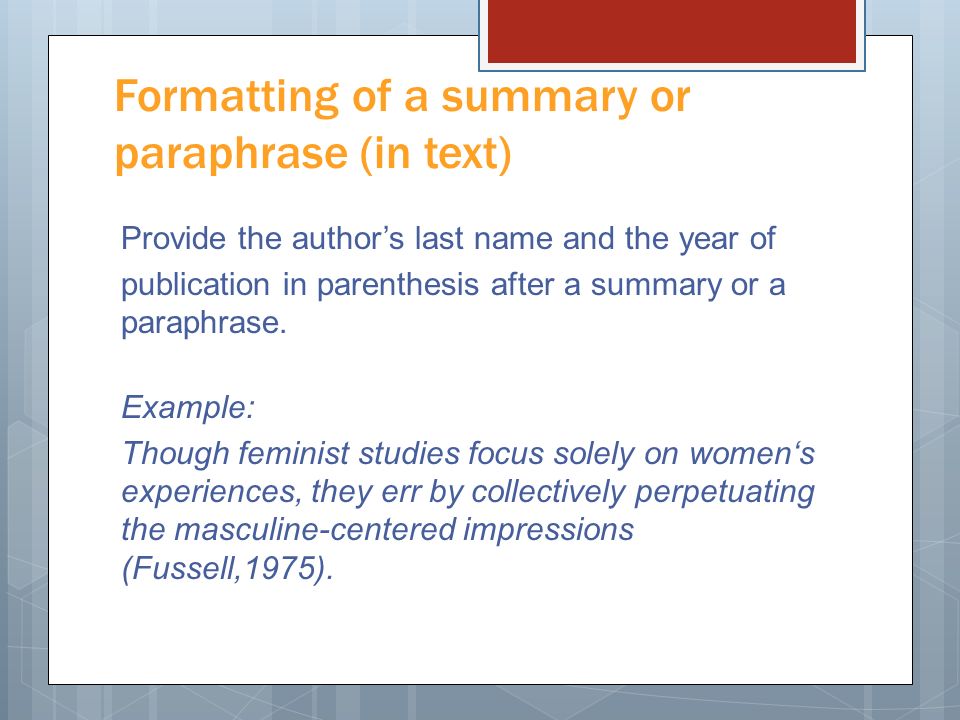 Formatting of a summary or paraphrase (in text)