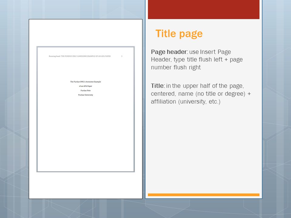 Title page Page header: use Insert Page Header, type title flush left + page number flush right.