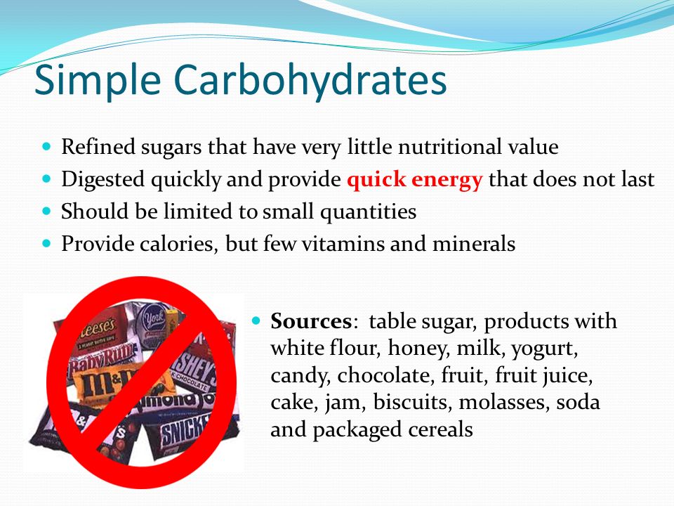 Simple Carbohydrates Refined sugars that have very little nutritional value. Digested quickly and provide quick energy that does not last.