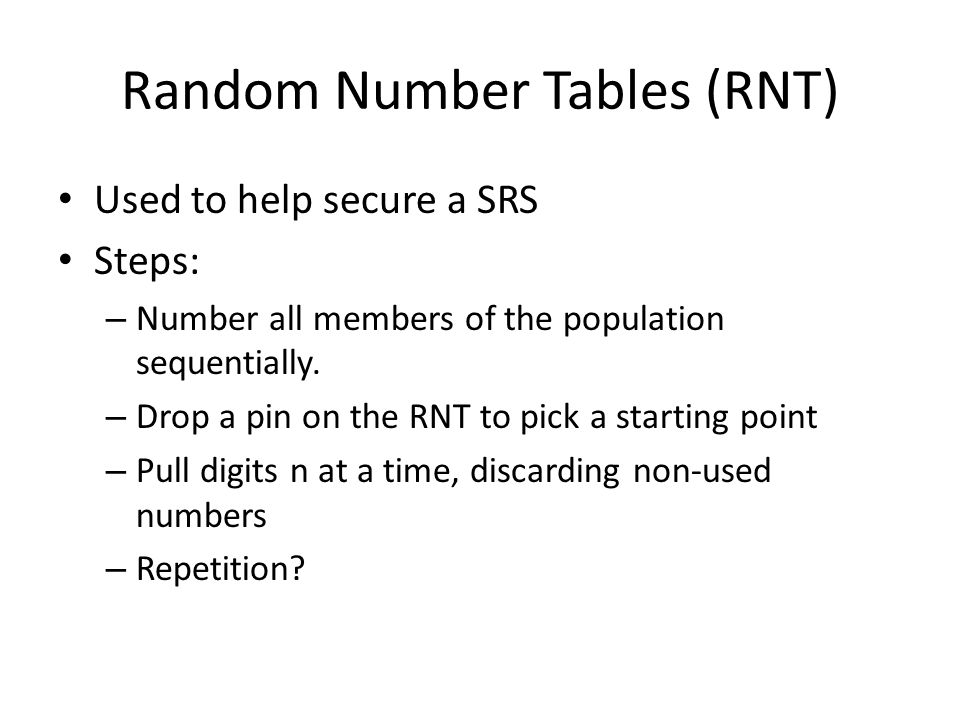 Random Number Tables (RNT)