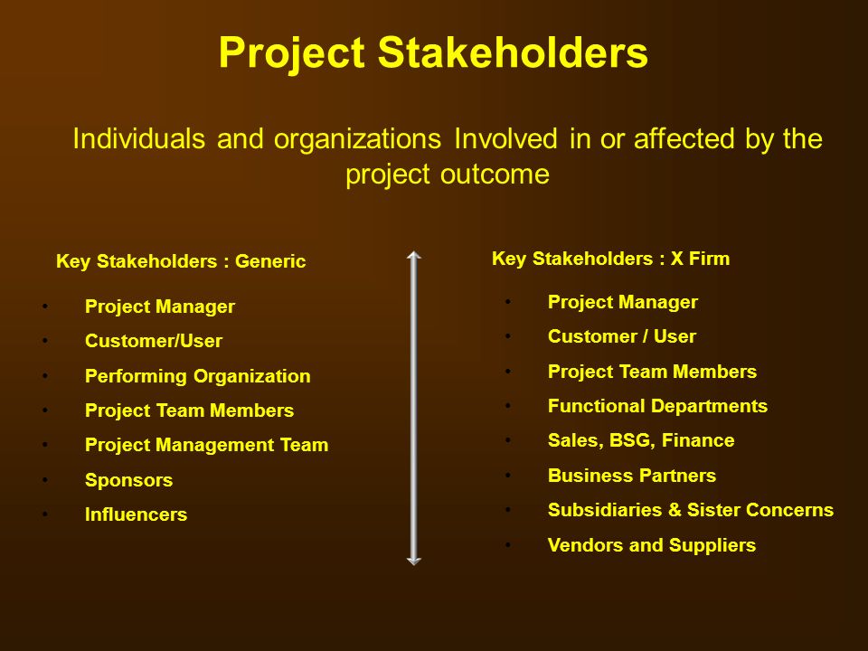 Project Stakeholders Individuals and organizations Involved in or affected by the project outcome. Key Stakeholders : Generic.