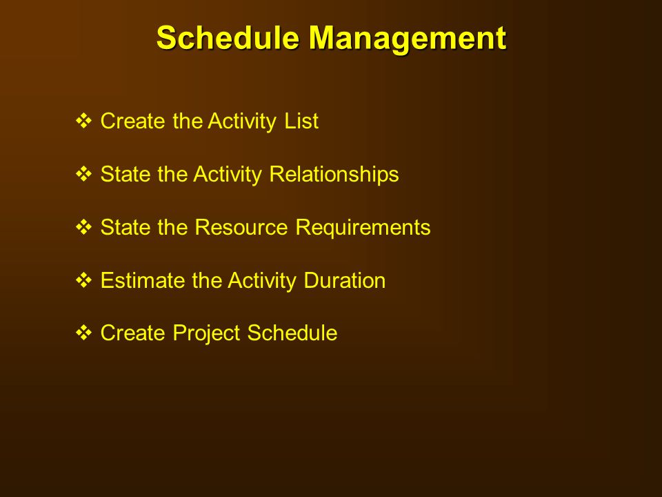 Schedule Management Create the Activity List
