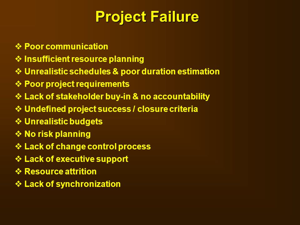 Project Failure Poor communication Insufficient resource planning