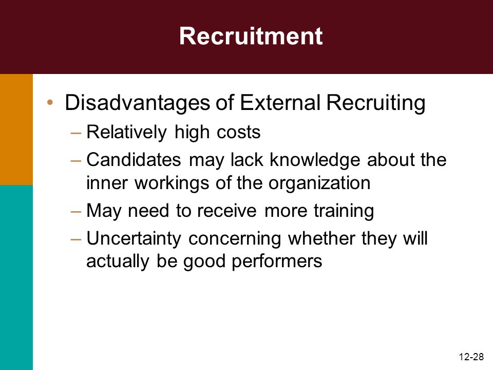 Recruitment Disadvantages of External Recruiting Relatively high costs
