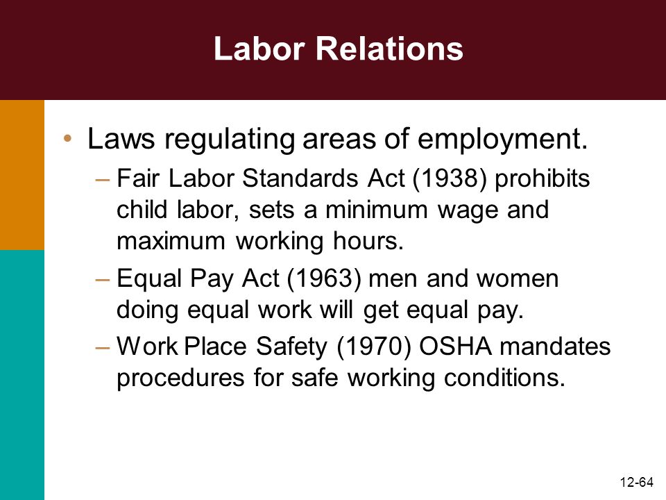 Labor Relations Laws regulating areas of employment.