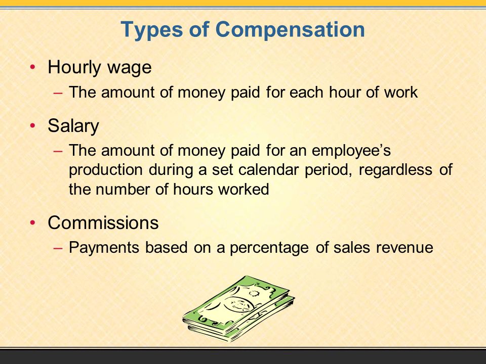 Types of Compensation Hourly wage Salary Commissions