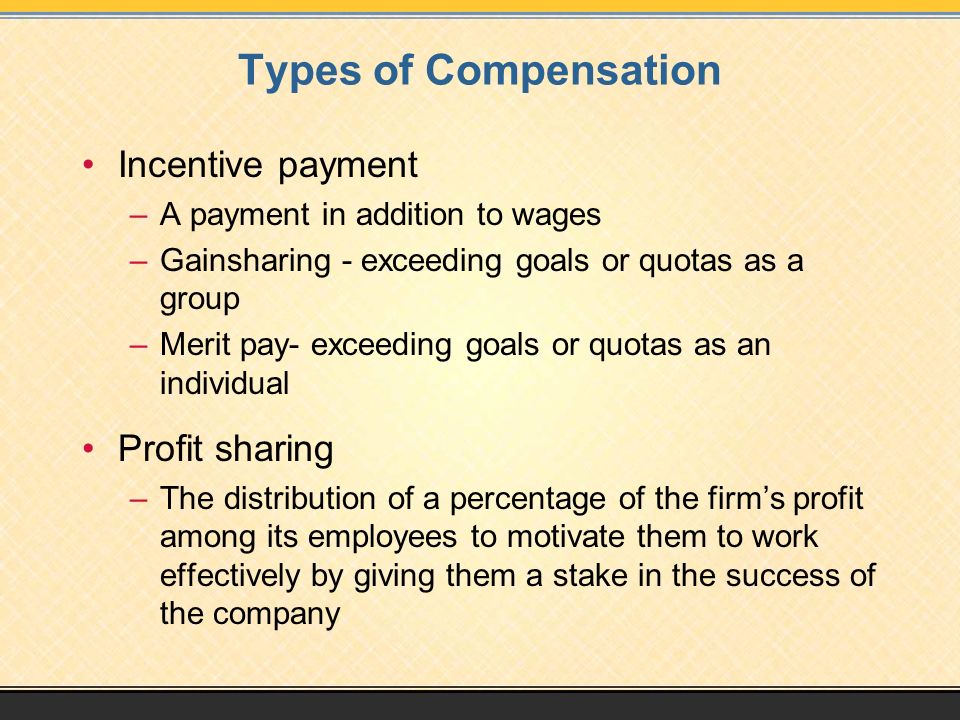 Types of Compensation Incentive payment Profit sharing