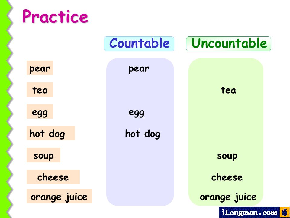 Practice Countable Uncountable pear pear tea tea egg egg hot dog