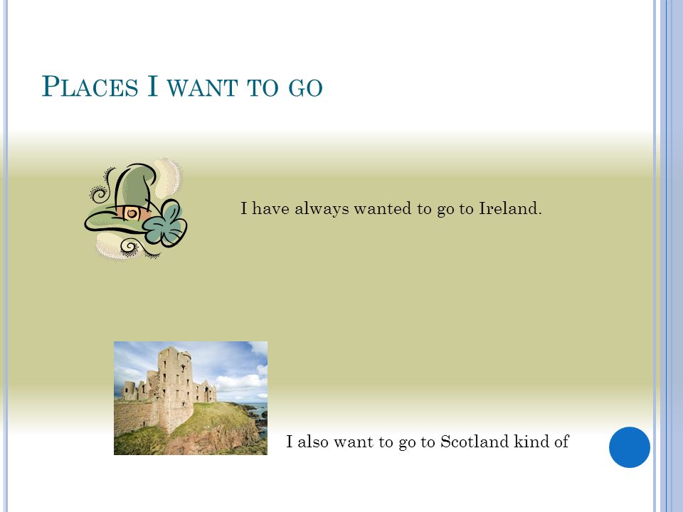 Places I want to go I have always wanted to go to Ireland.