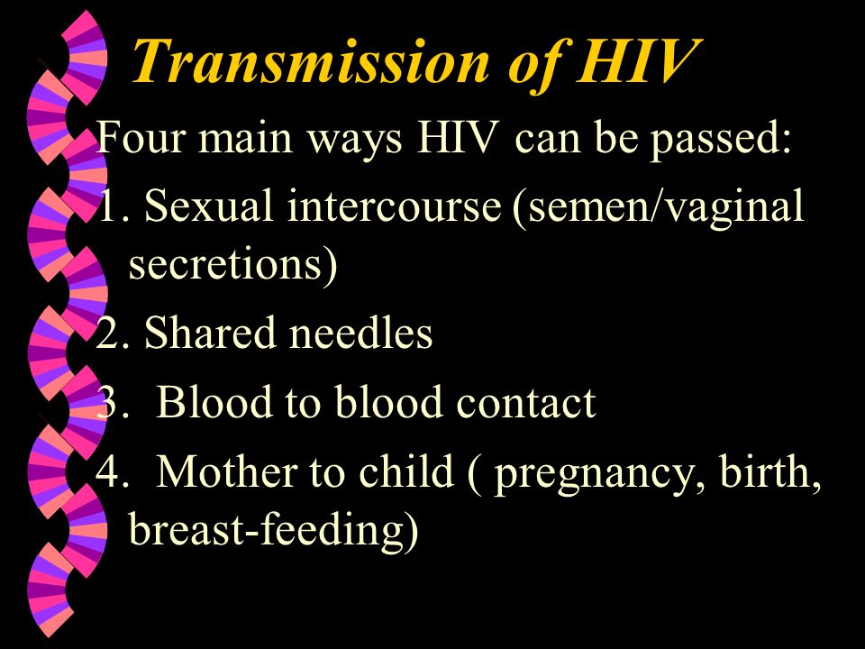 Transmission of HIV Four main ways HIV can be passed: