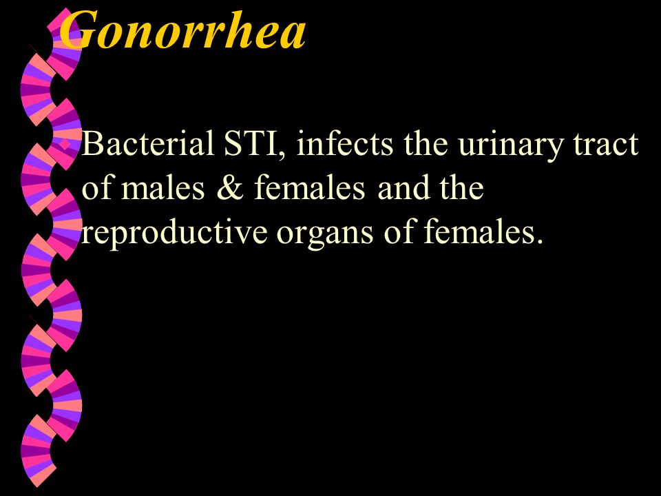 Gonorrhea Bacterial STI, infects the urinary tract of males & females and the reproductive organs of females.