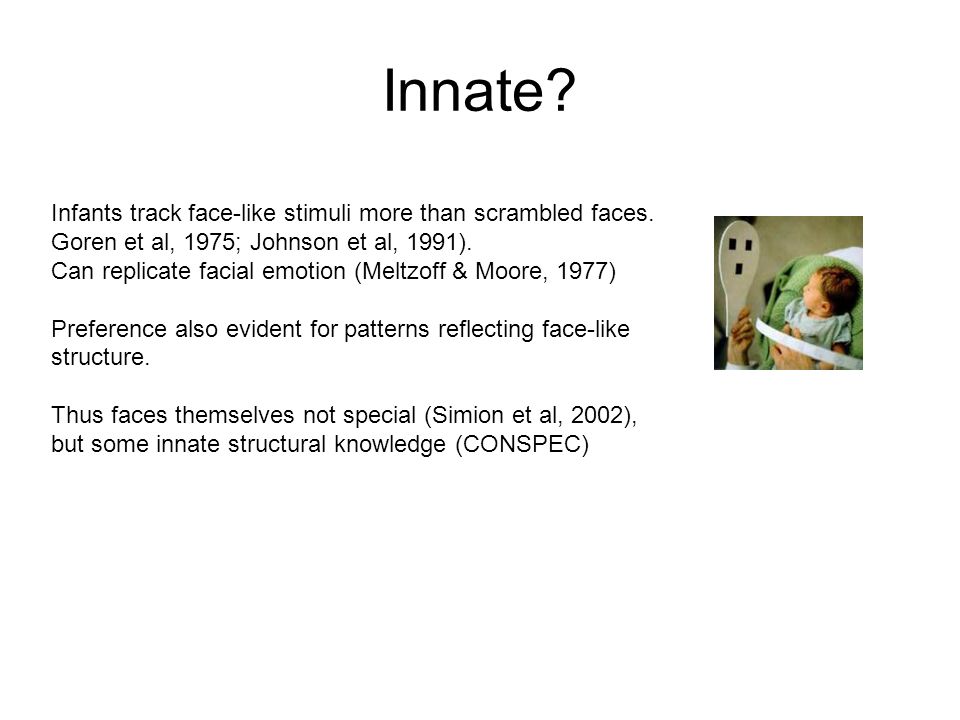 Innate Infants track face-like stimuli more than scrambled faces. Goren et al, 1975; Johnson et al, 1991).