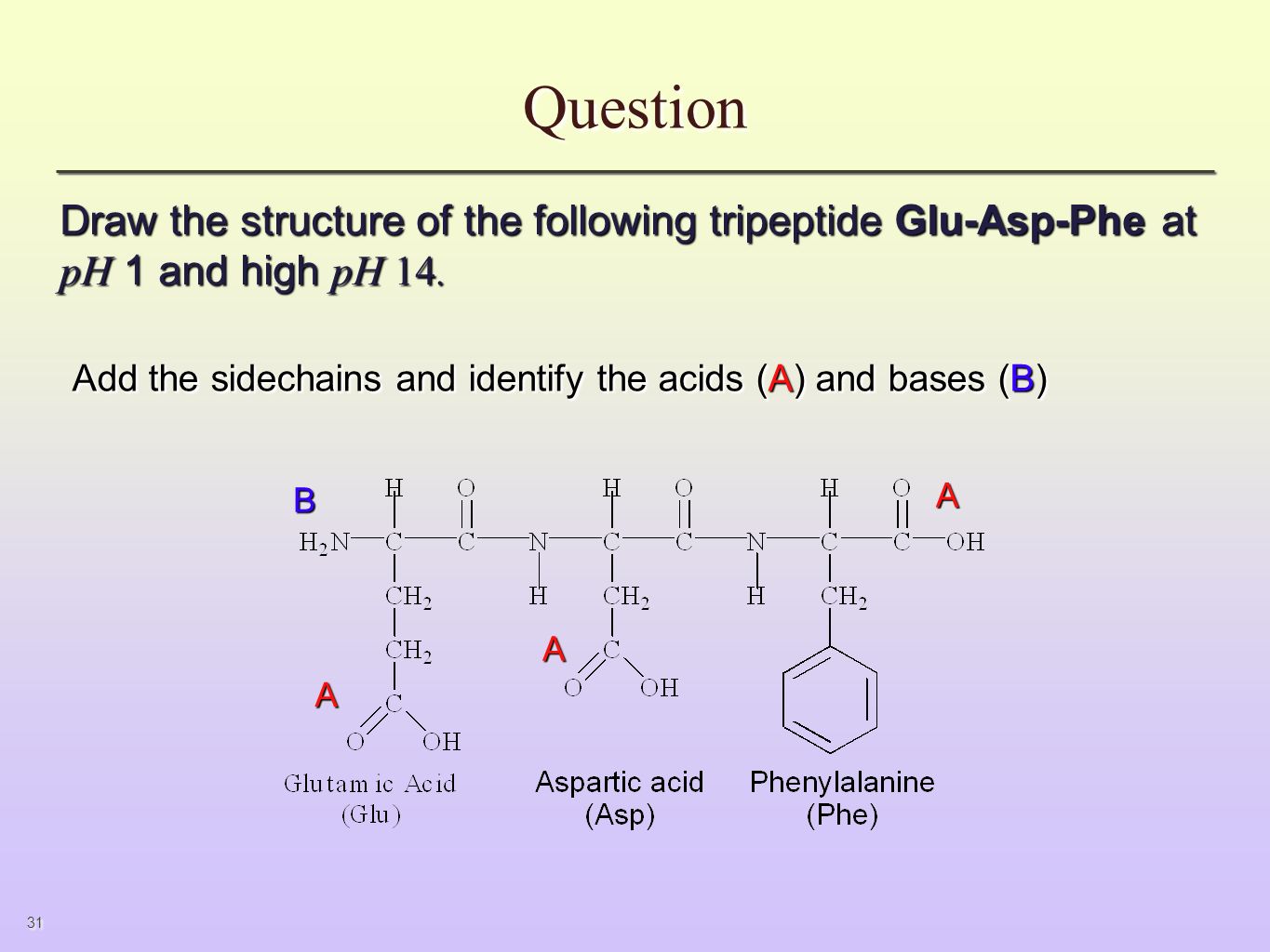 Question Draw the structure of the following tripeptide Glu-Asp-Phe at pH 1 a...