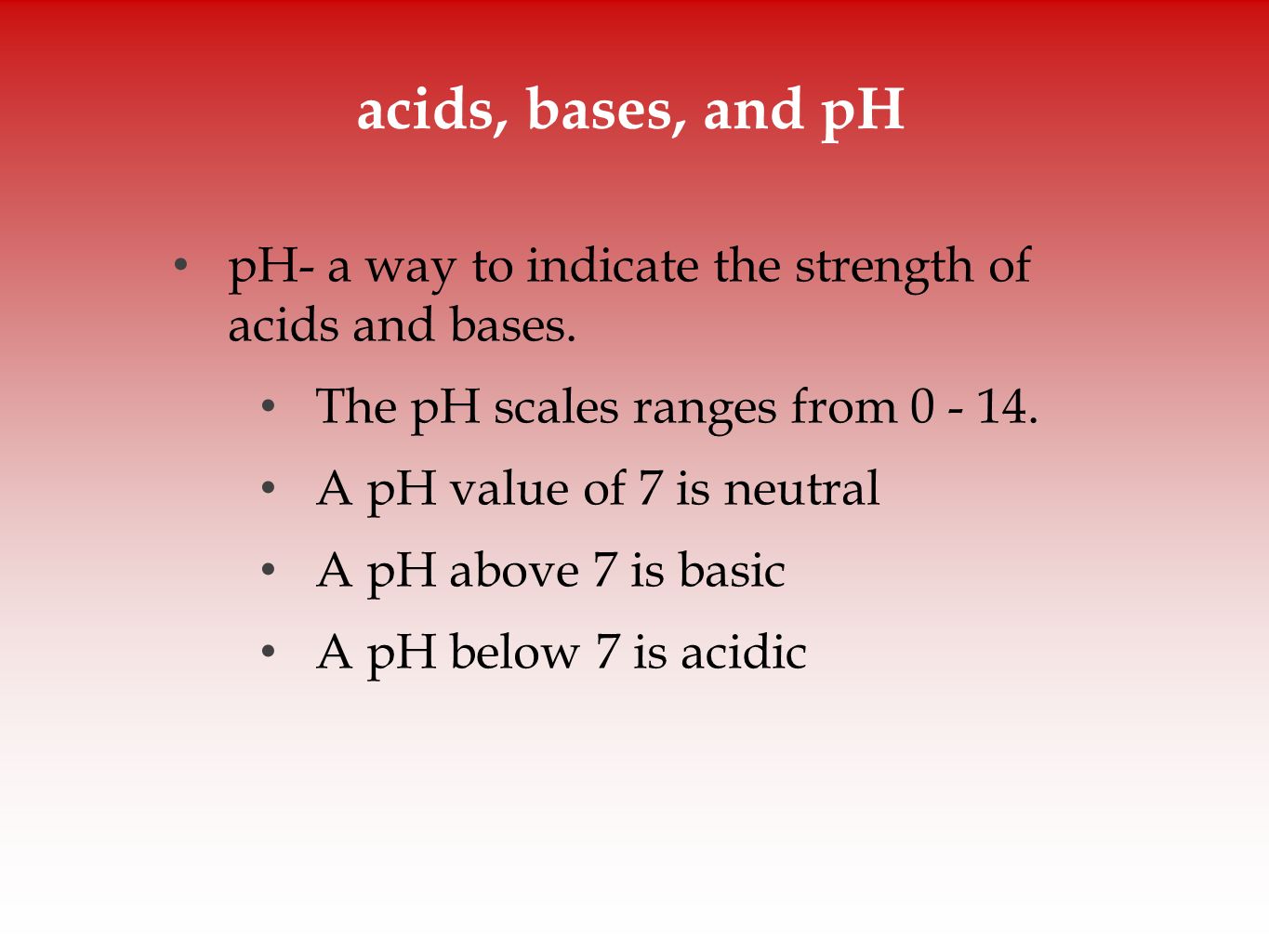 acids, bases, and pH pH- a way to indicate the strength of acids and bases. The pH scales ranges from