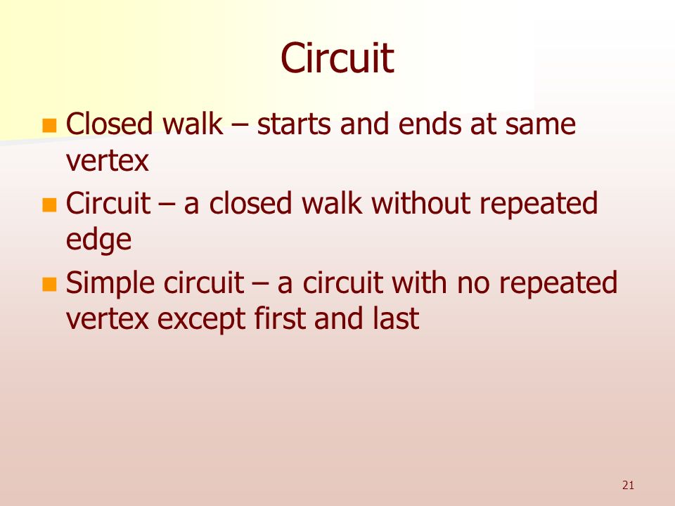 Circuit Closed walk – starts and ends at same vertex