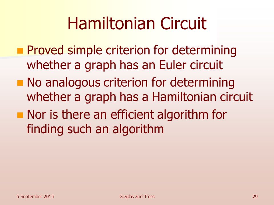 Hamiltonian Circuit Proved simple criterion for determining whether a graph has an Euler circuit.