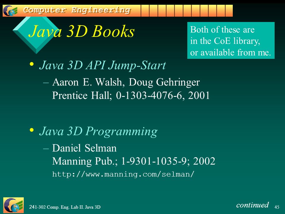Java 3D Books Java 3D API Jump-Start Java 3D Programming