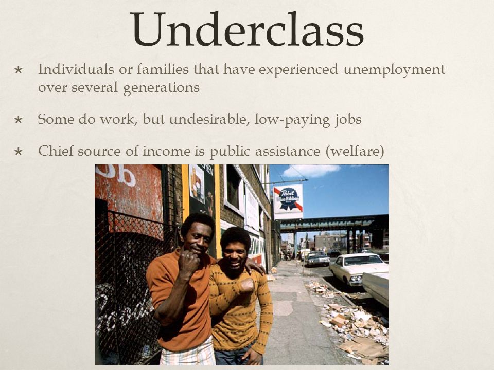 Underclass Individuals or families that have experienced unemployment over several generations. Some do work, but undesirable, low-paying jobs.