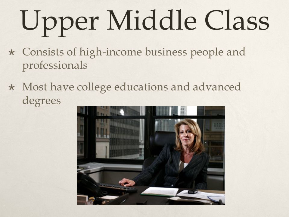 Upper Middle Class Consists of high-income business people and professionals.