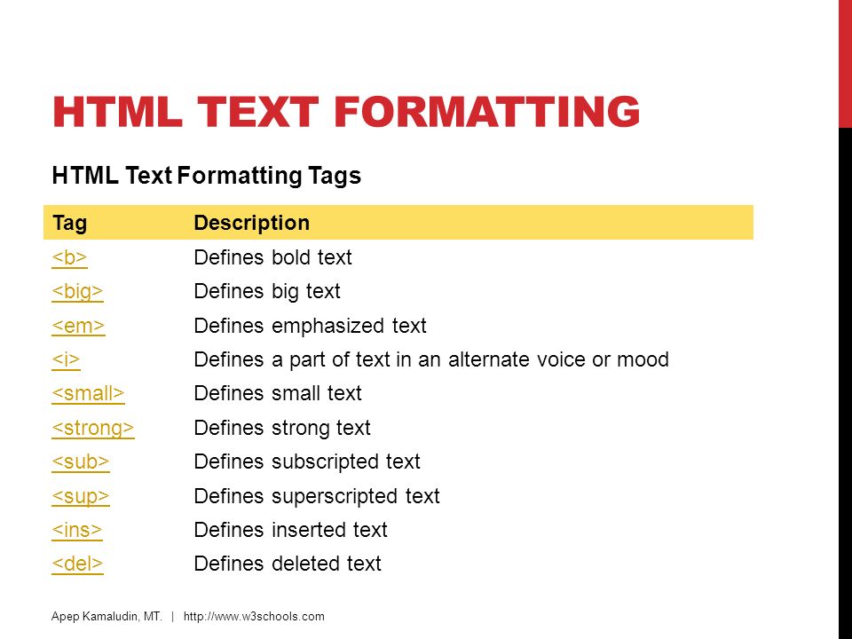 HTML Text Formatting HTML Text Formatting Tags Tag Description