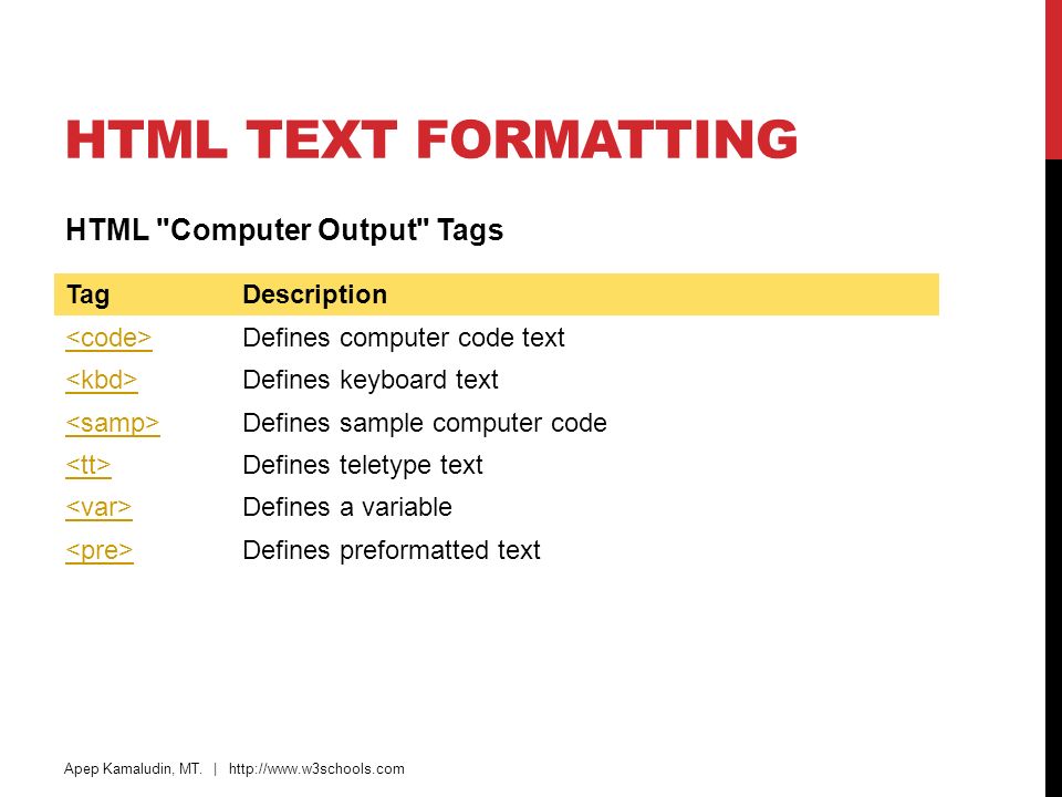 HTML Text Formatting HTML Computer Output Tags Tag Description