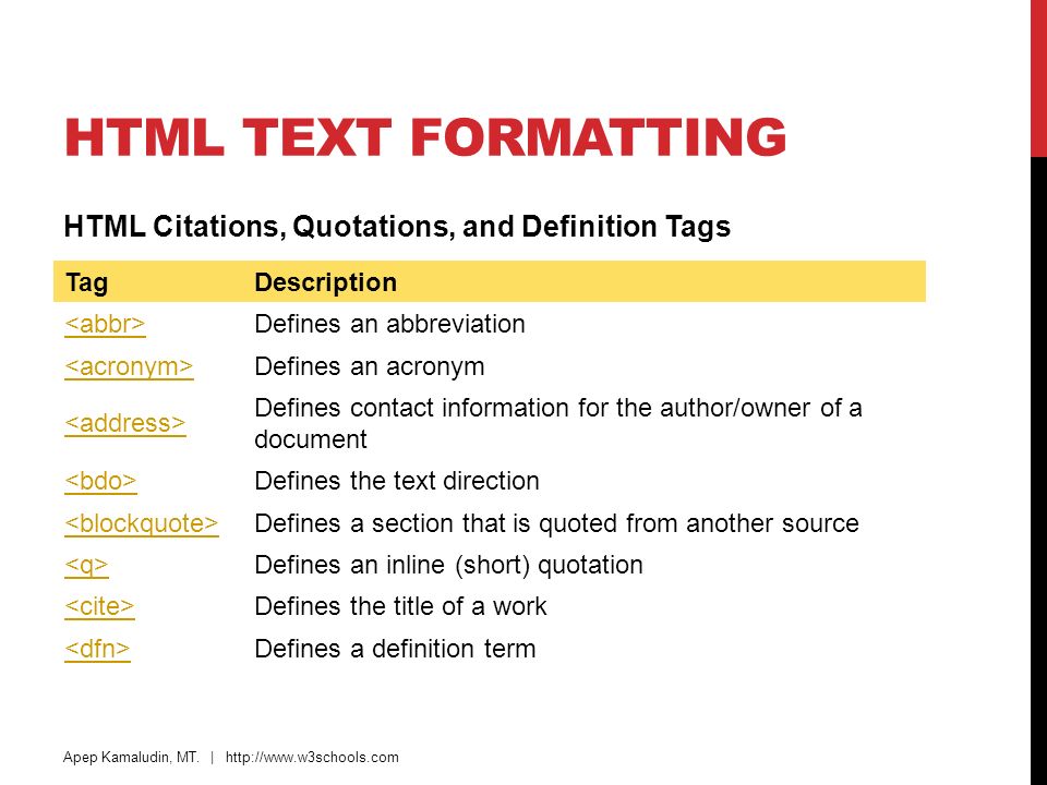 HTML Text Formatting HTML Citations, Quotations, and Definition Tags