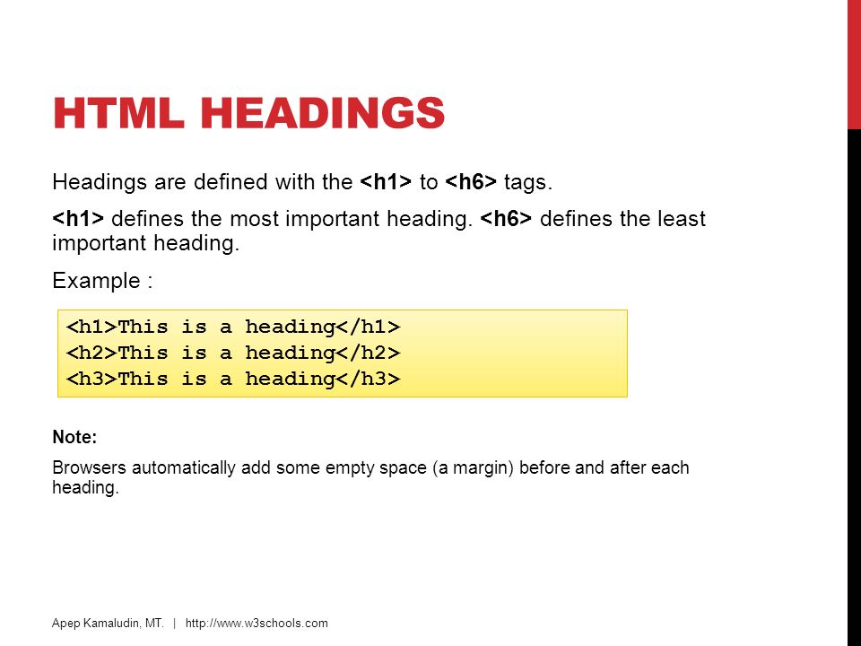 HTML Headings Headings are defined with the <h1> to <h6> tags. <h1> defines the most important heading. <h6> defines the least important heading.