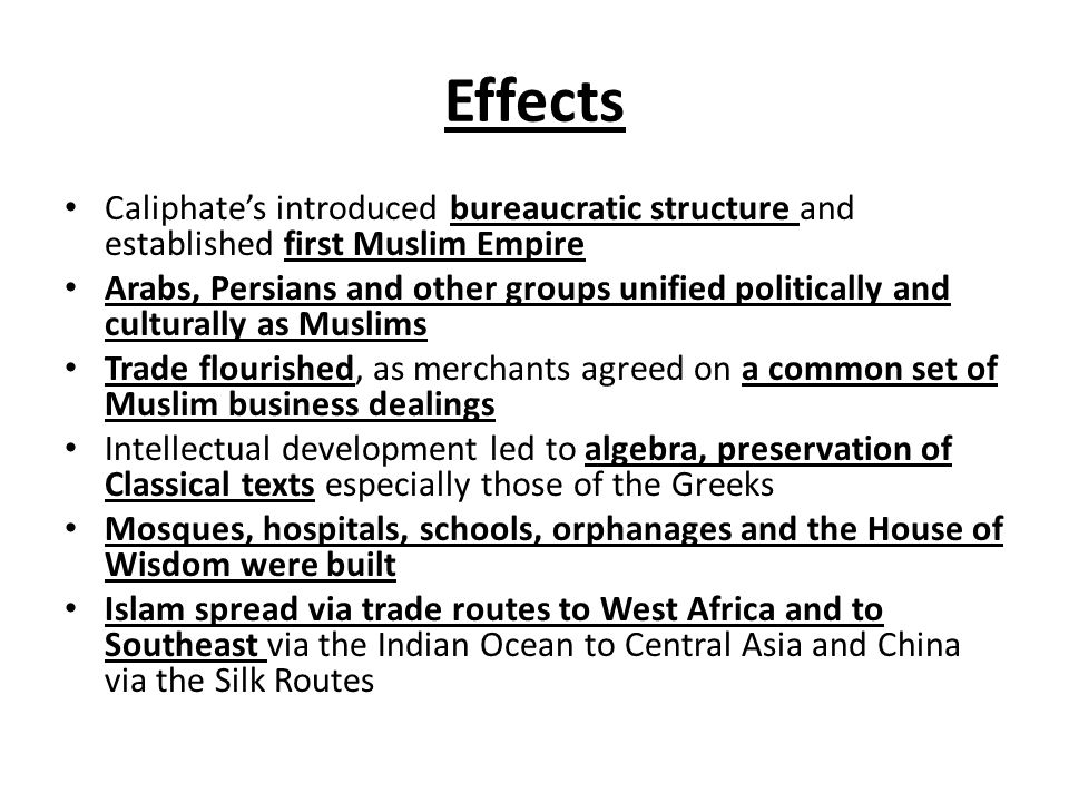 Effects Caliphate’s introduced bureaucratic structure and established first Muslim Empire.