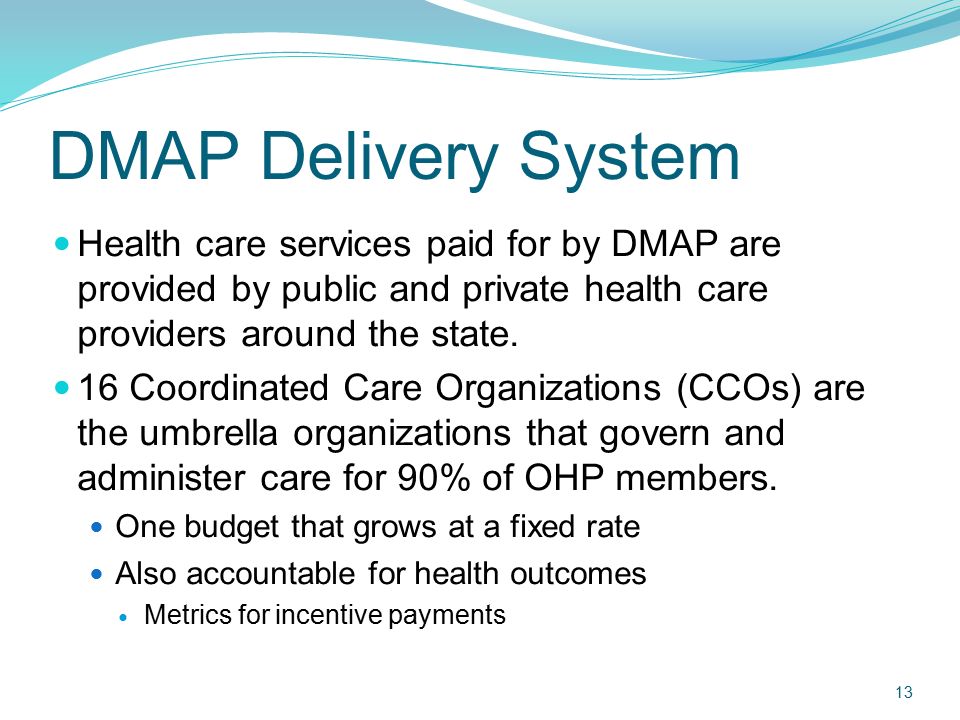 DMAP Delivery System Health care services paid for by DMAP are provided by public and private health care providers around the state.