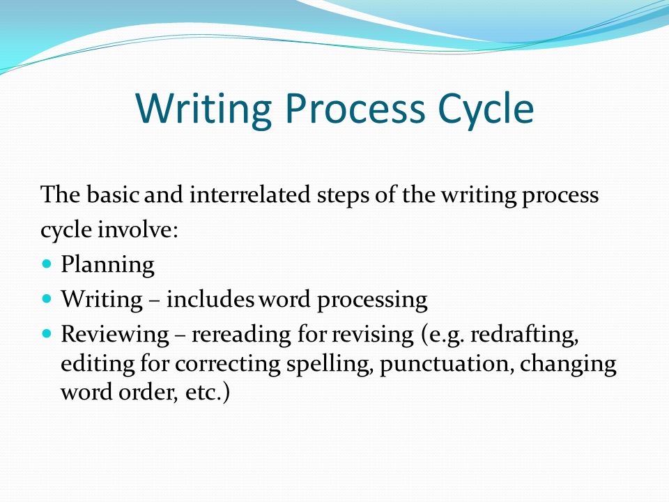 Writing Process Cycle The basic and interrelated steps of the writing process. cycle involve: Planning.