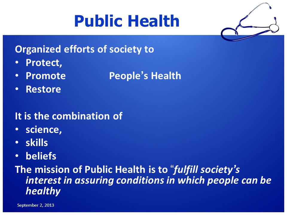 Public Health Organized efforts of society to Protect,
