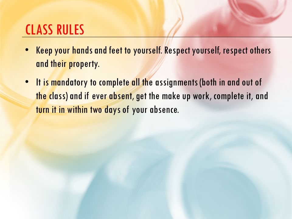 Class Rules Keep your hands and feet to yourself. Respect yourself, respect others and their property.