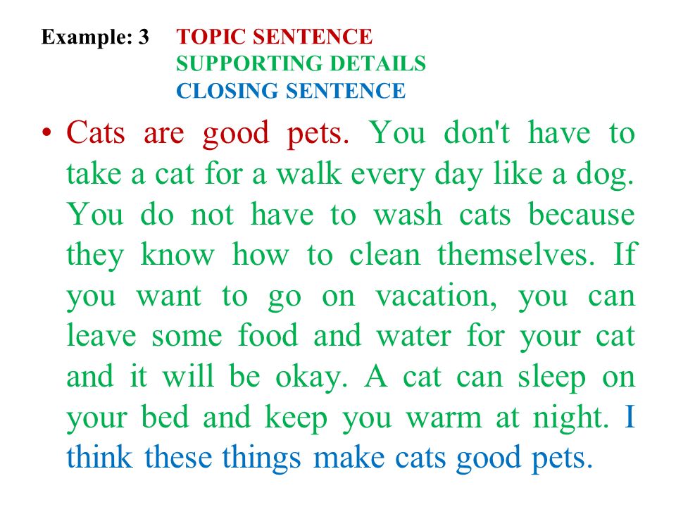 Example: 3 TOPIC SENTENCE SUPPORTING DETAILS CLOSING SENTENCE