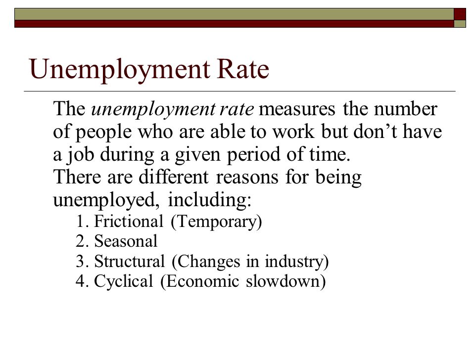 Unemployment Rate The unemployment rate measures the number of people who are able to work but don’t have a job during a given period of time.