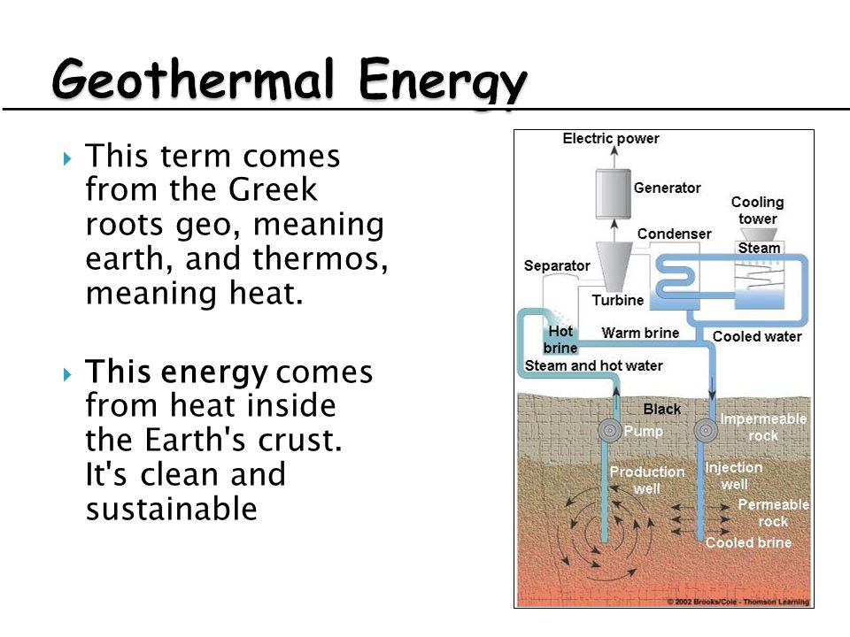 Geothermal Energy This term comes from the Greek roots geo, meaning earth, and thermos, meaning heat.