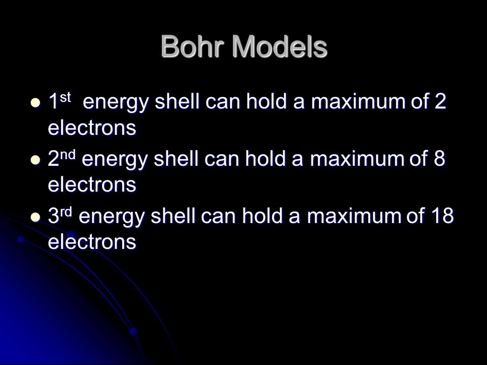 Bohr Models 1st energy shell can hold a maximum of 2 electrons